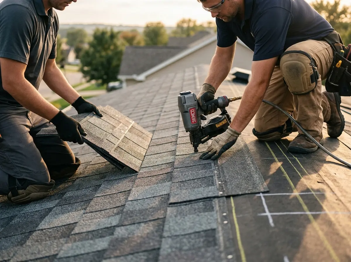 Professional roofer working on a residential roof in Kingsland